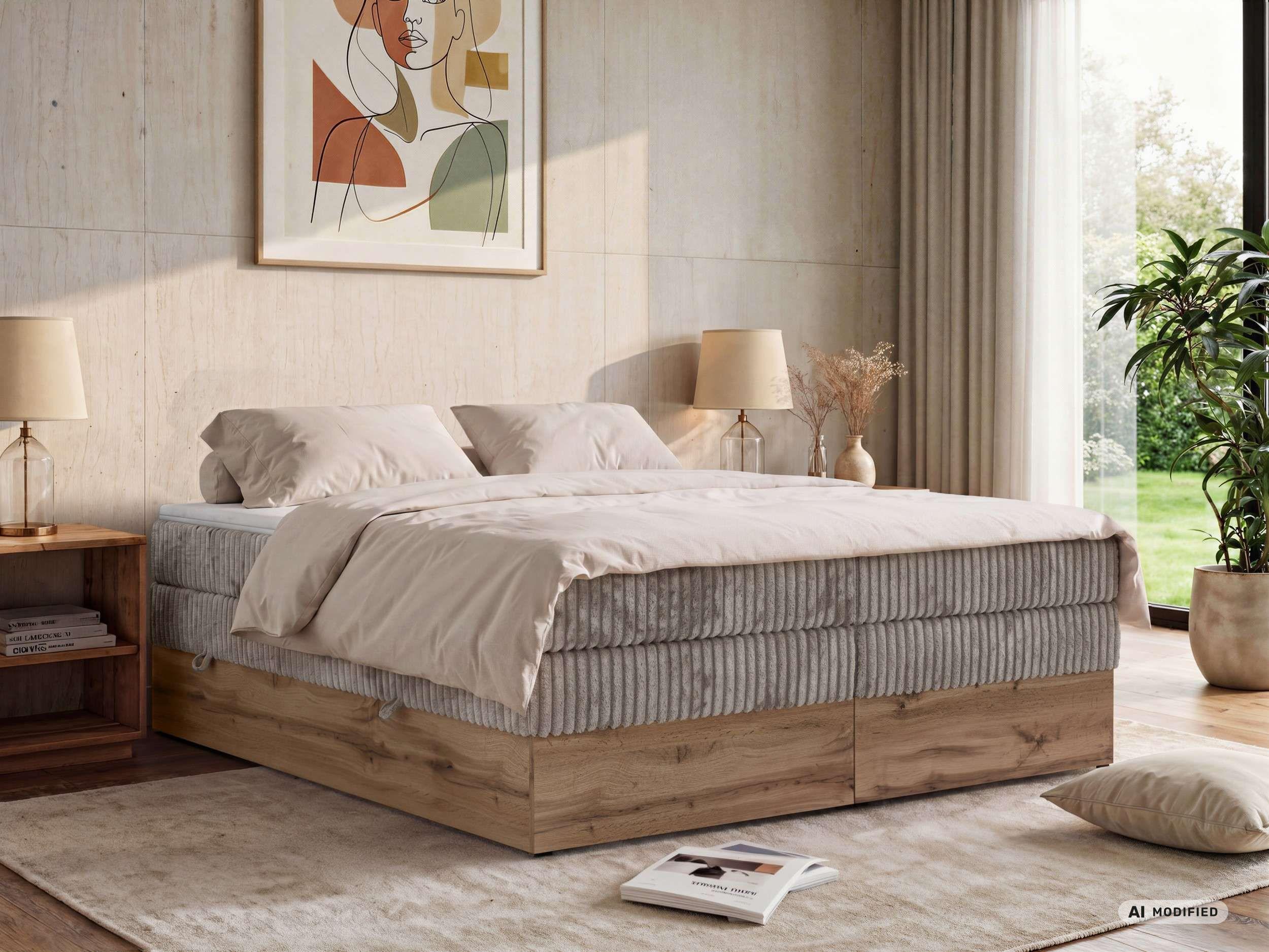BOXSPRINGBETT WOOD ZERO KING 140/200 - Hellbraun Cord - Topper Visco - H3 Textil MKS Möbel > Betten > Boxspringbetten Braun