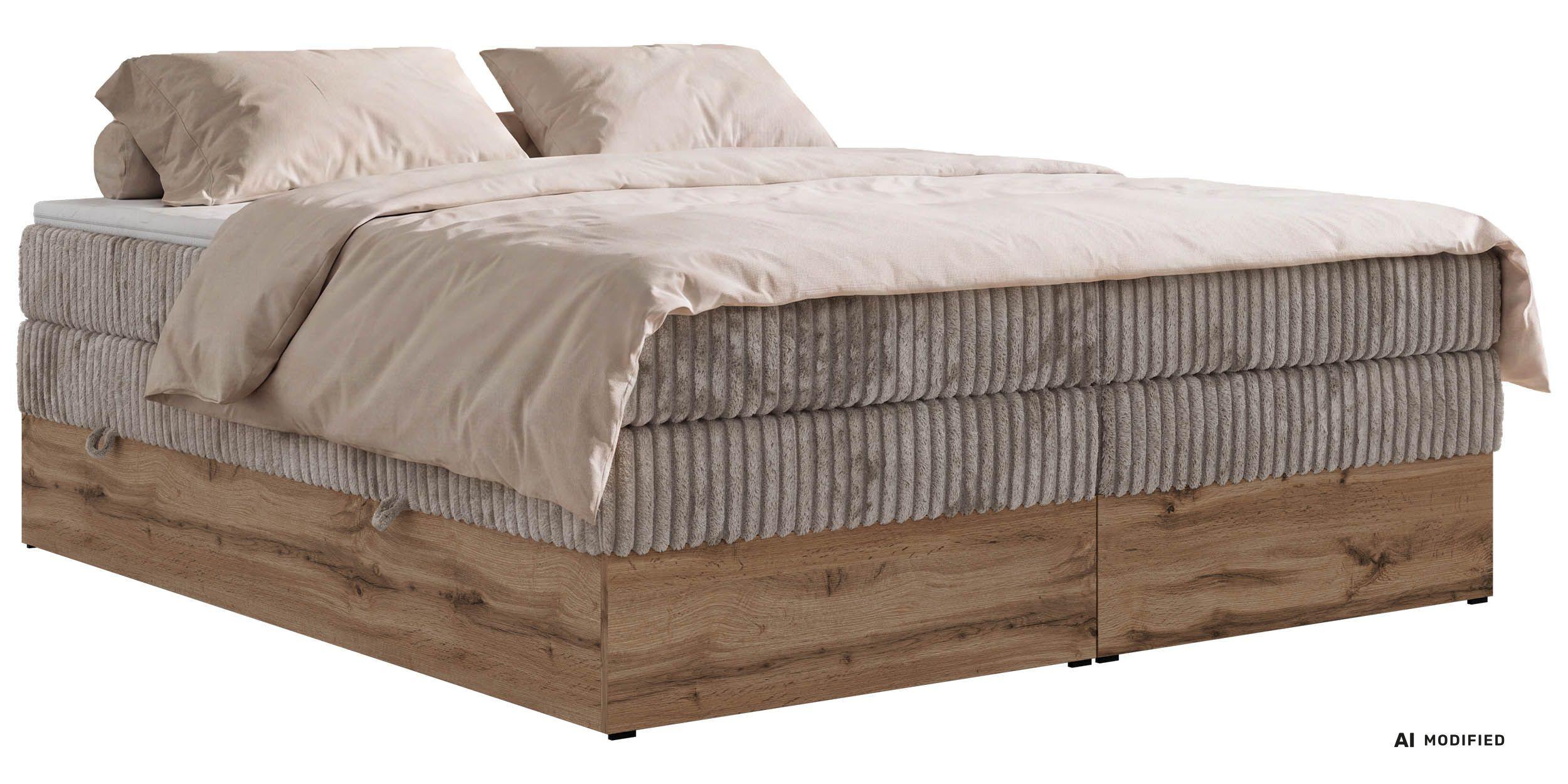 Wohnli Möbelsuche - BOXSPRINGBETT WOOD ZERO KING 140/200 - Hellbraun Cord - Topper Visco - H3