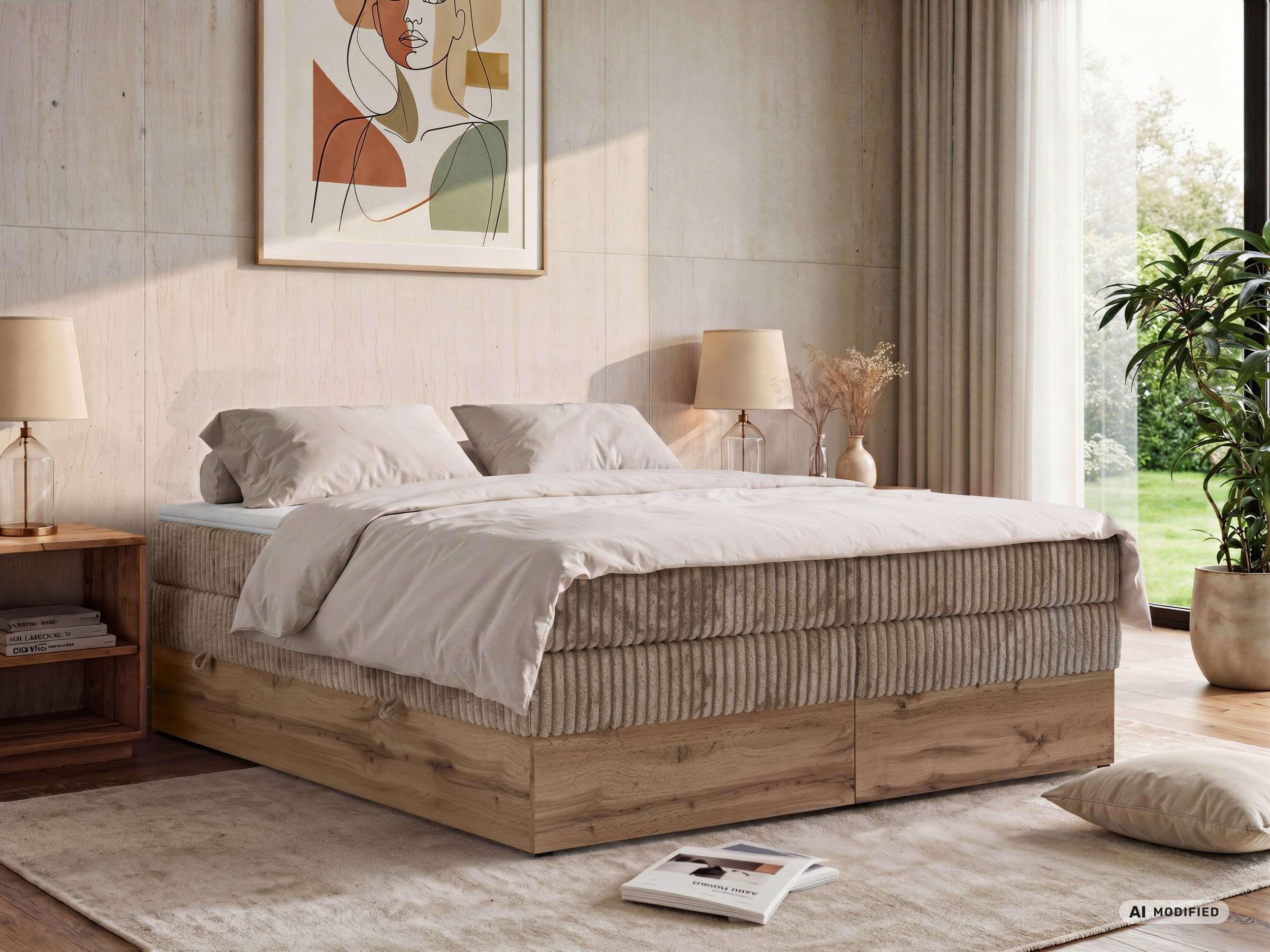 BOXSPRINGBETT WOOD ZERO KING 160/200 - Braun Cord - Topper Visco - H3 Textil MKS Möbel > Betten > Boxspringbetten Braun