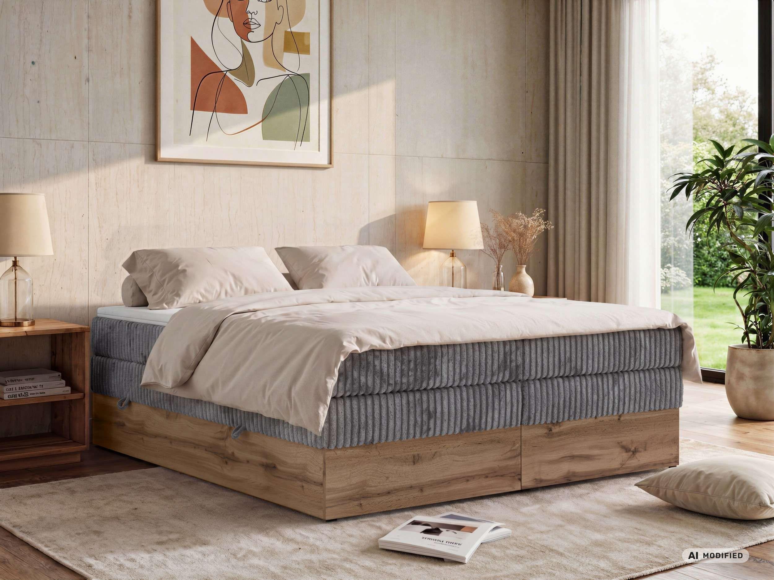BOXSPRINGBETT WOOD ZERO KING 160/200 - Grau Cord - Topper Visco - H3 Textil MKS Möbel > Betten > Boxspringbetten Grau