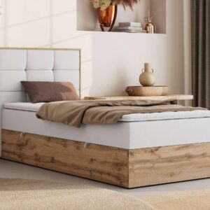 BOXBETT ALBERO 1 90/200 - Weiß Kunstleder - Topper T25 - H3 - Links Textil MKS Möbel > Betten > Boxspringbetten Weiß