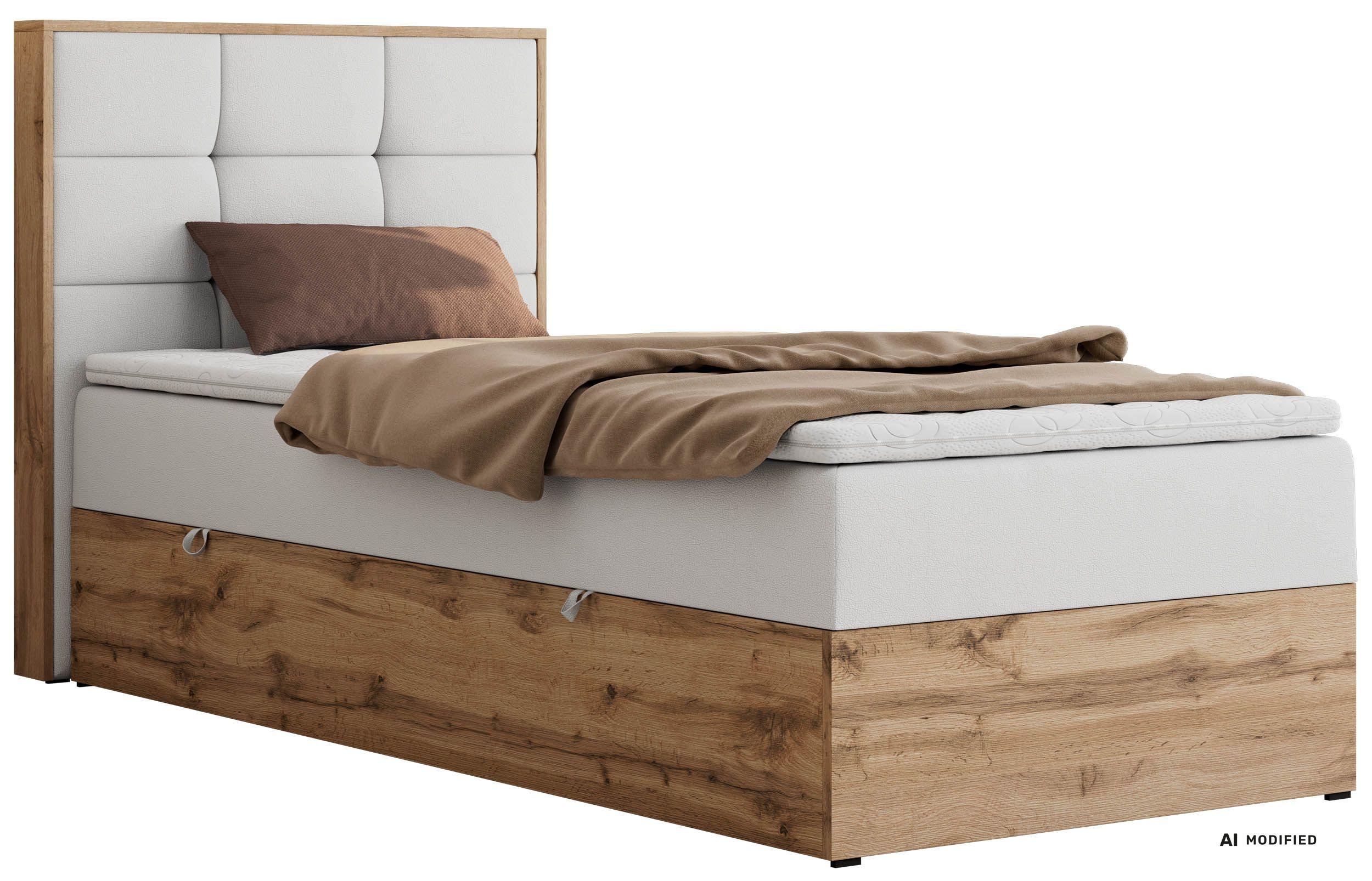 Wohnli Möbelsuche - BOXBETT ALBERO 1 90/200 - Weiß Kunstleder - Topper T25 - H3 - Links