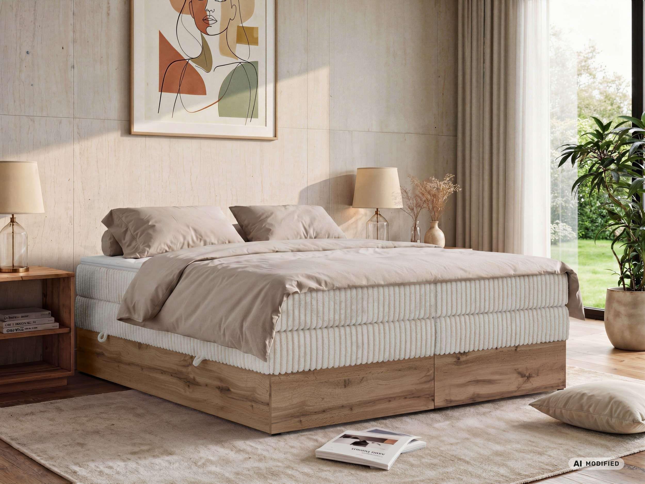 BOXSPRINGBETT WOOD ZERO KING 160/200 - Beige Cord - Topper T25 - H3 Textil MKS Möbel > Betten > Boxspringbetten Beige