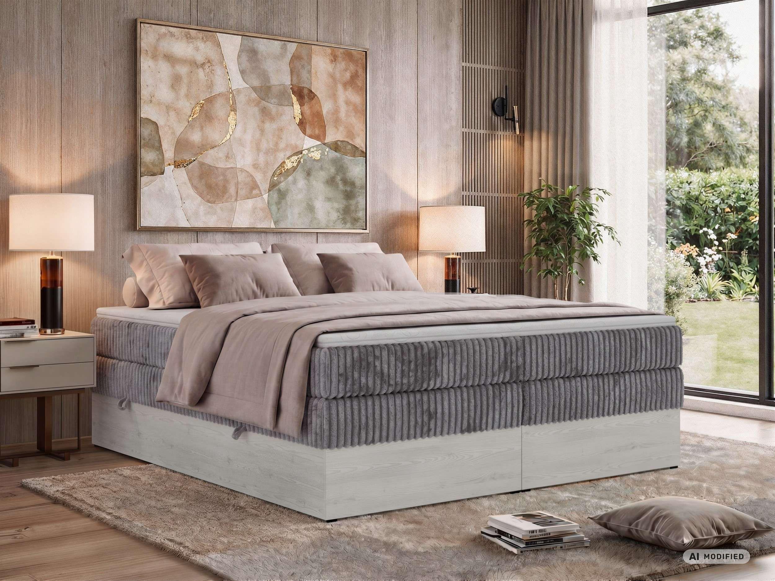 BOXSPRINGBETT NORDIC ZERO KING 200/200 - Grau Cord - Topper T25 - H3 Textil MKS Möbel > Betten > Boxspringbetten Grau