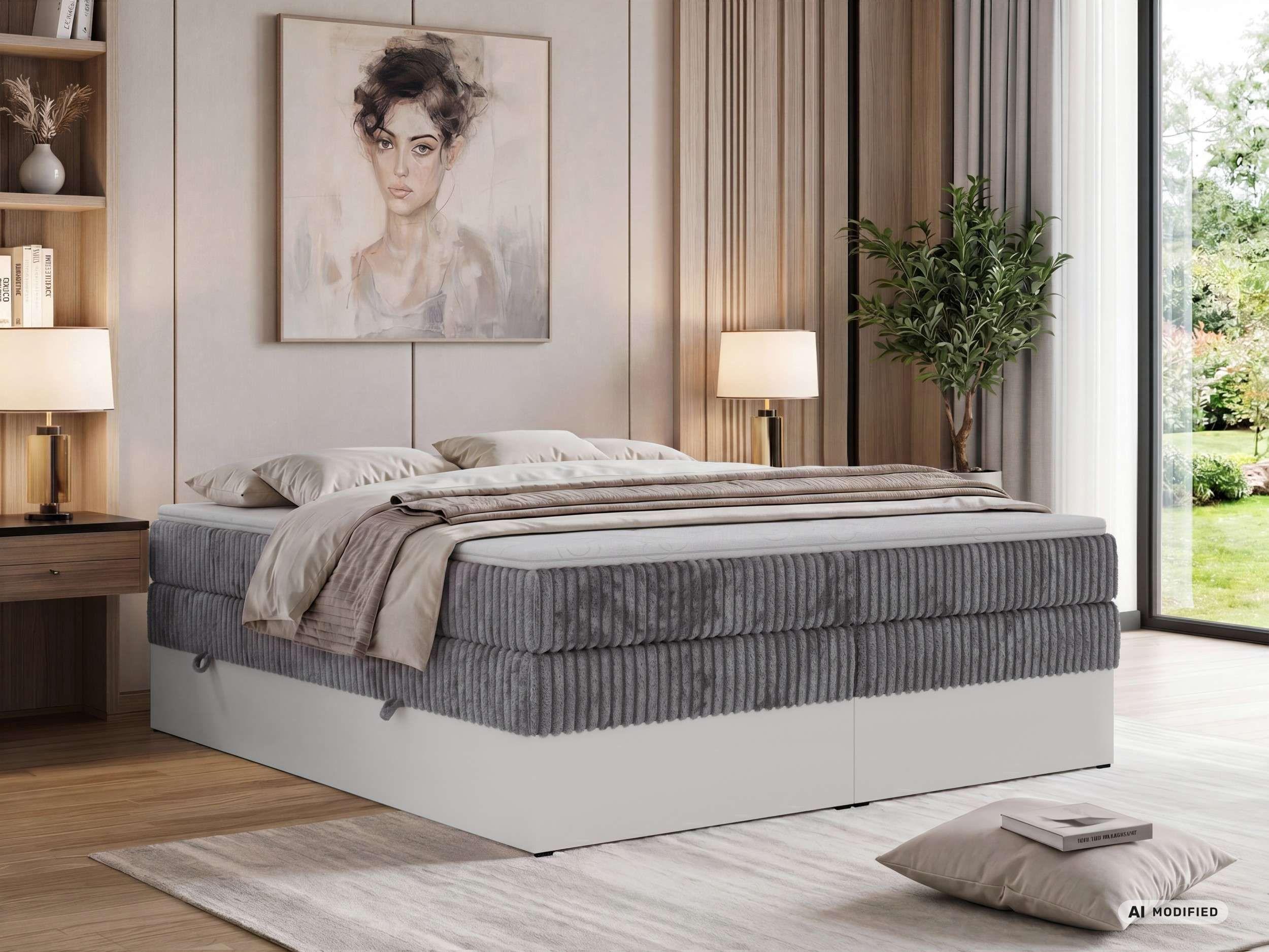 BOXSPRINGBETT TRAVIT ZERO KING 200/200 - Grau Cord - Topper Visco - H3 Textil MKS Möbel > Betten > Boxspringbetten Grau