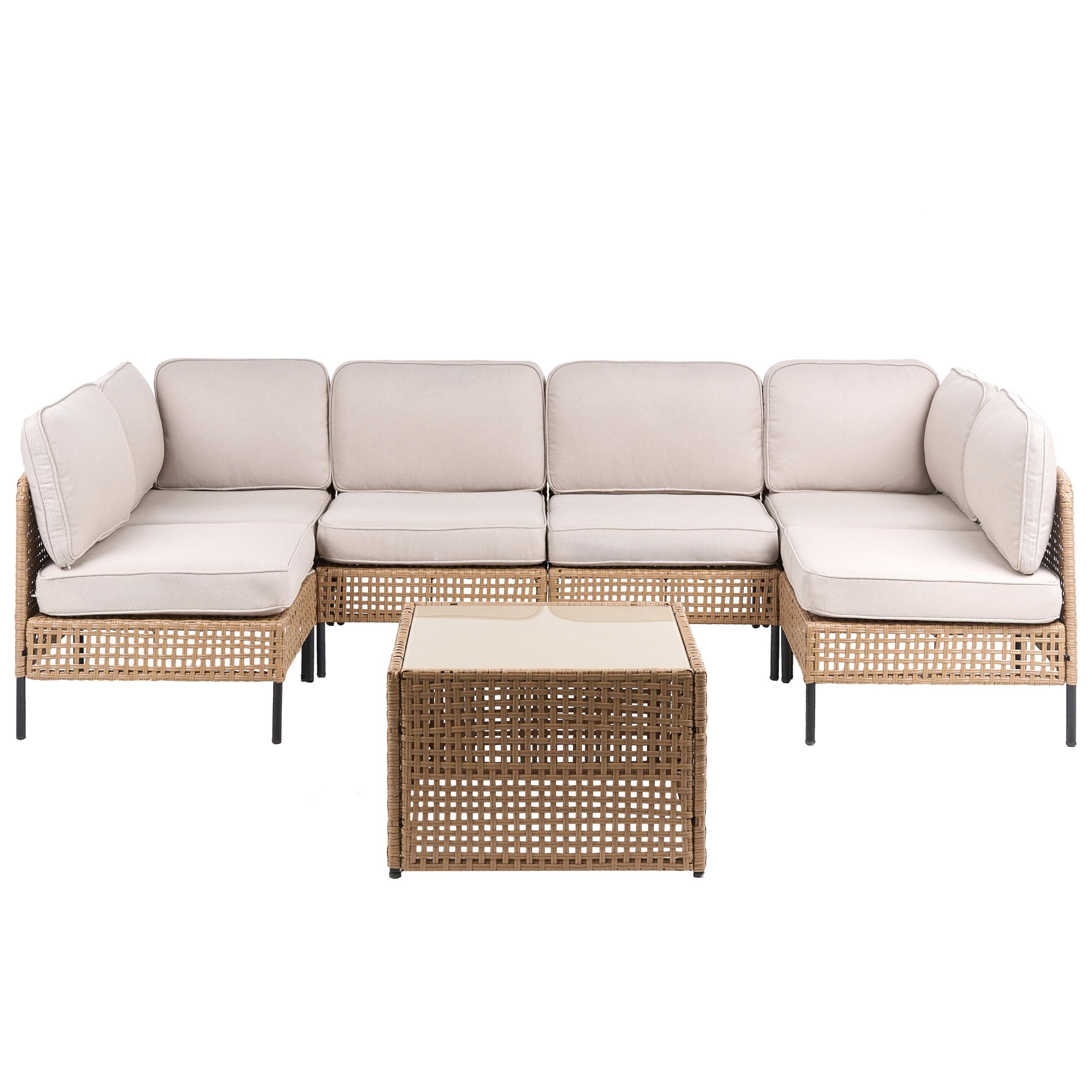 wohnli-moebel-suche-800001984218 Wohnli Möbelsuche - GARTENSOFA in U-Form 6-Sitzer modular Polyrattan Hellbeige Omegana