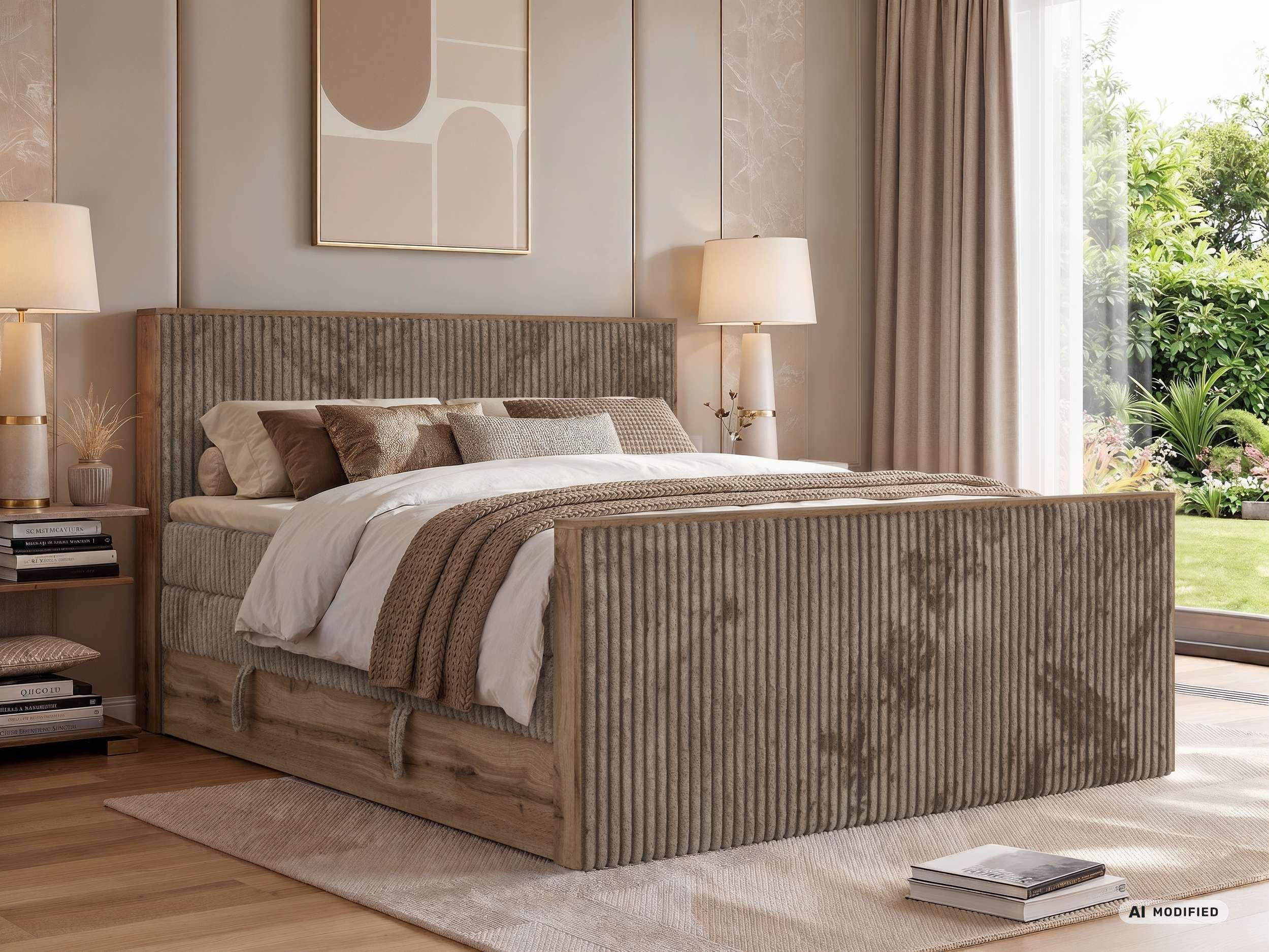 BOXSPRINGBETT WOOD KING DUO 160/200 - Braun Cord - Topper T25 - H3 Textil MKS Möbel > Betten > Boxspringbetten Braun