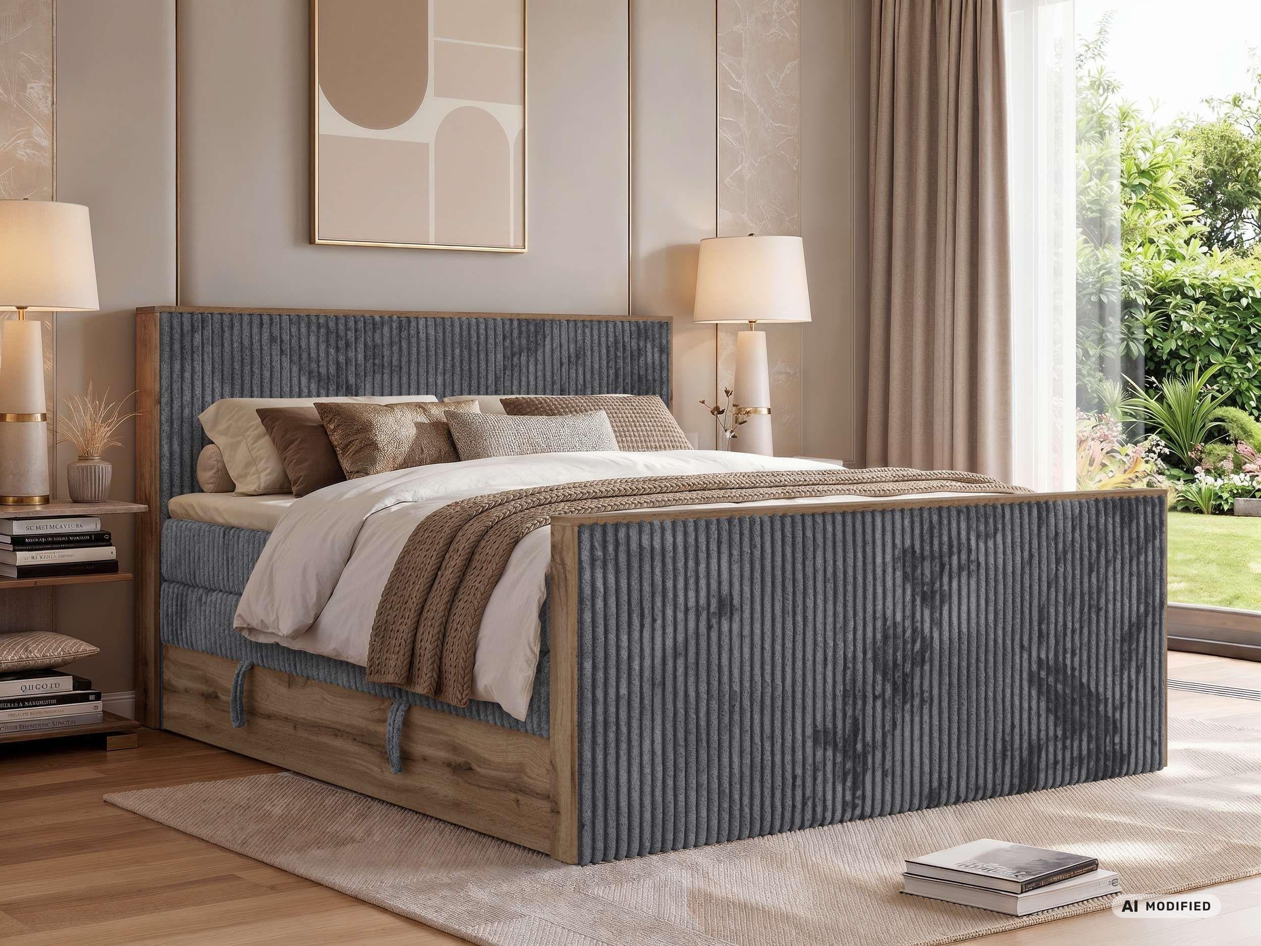 BOXSPRINGBETT WOOD KING DUO 180/200 - Grau Cord - Topper T25 - H3 Textil MKS Möbel > Betten > Boxspringbetten Grau