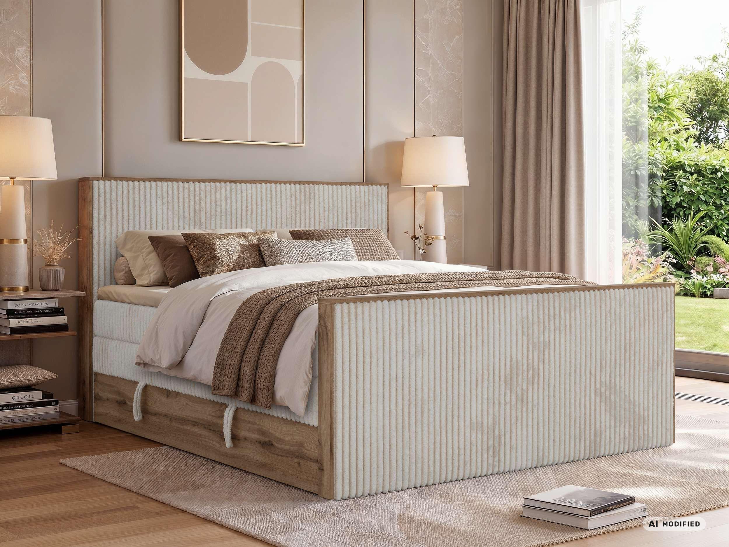 BOXSPRINGBETT WOOD KING DUO 160/200 - Beige Cord - Topper Visco - H3 Textil MKS Möbel > Betten > Boxspringbetten Beige