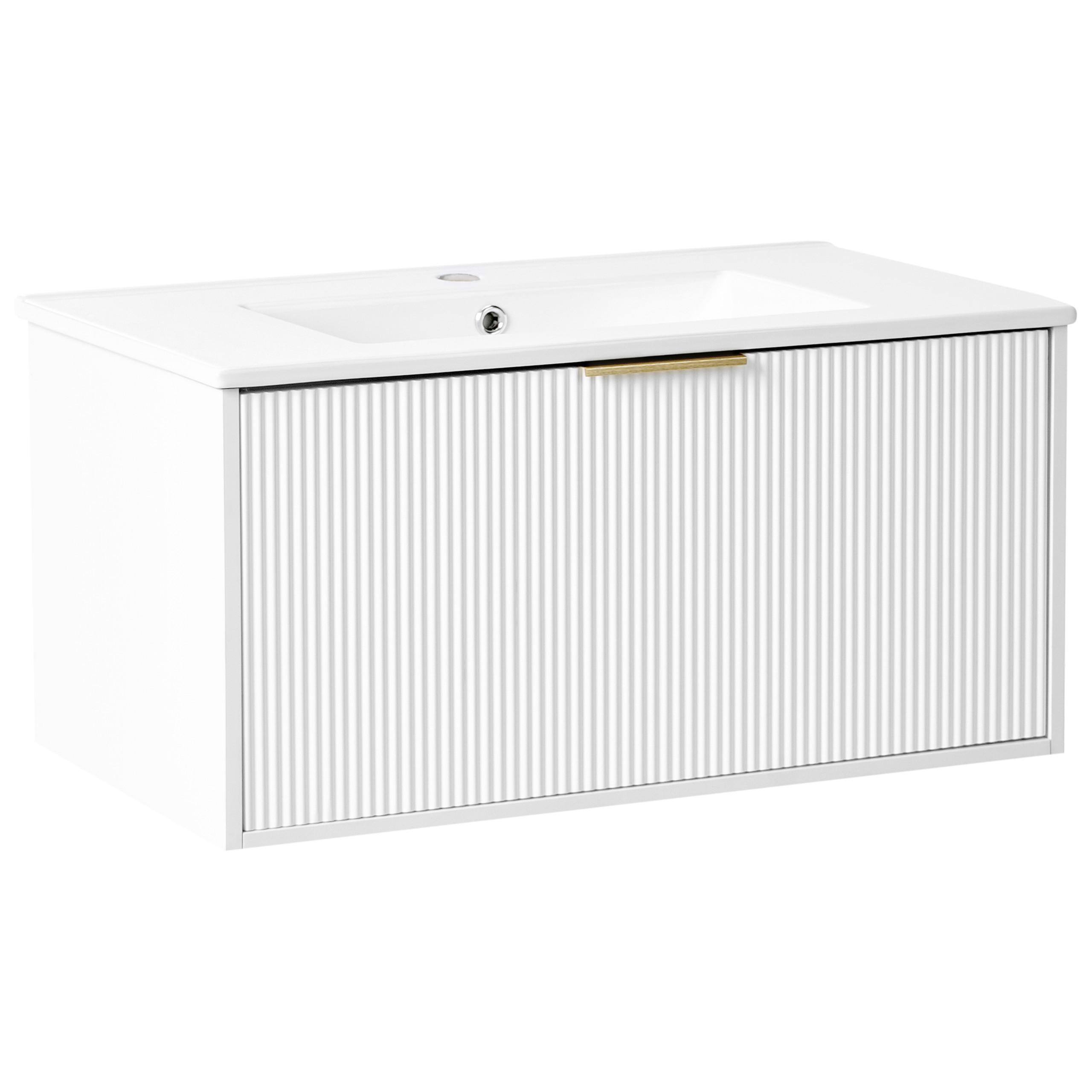 Wohnli Möbelsuche - WASCHBECKENUNTERSCHRANK wandmontiertk mit Waschbecken mit goldenem Griff Weiß Tilcara