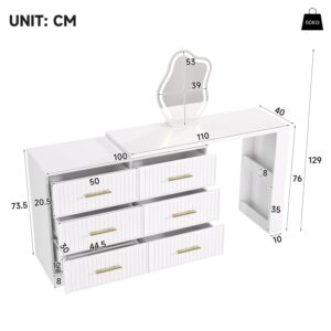 wohnli-moebel-suche-800002017384-1 SCHMINKTISCH Drehbar L-Form Weiß Gold LED-Spiegel 6 Schubladen Holzwerkstoff Urban Meuble Möbel > Kommoden & Schubladenschränke > Kommoden Weiß