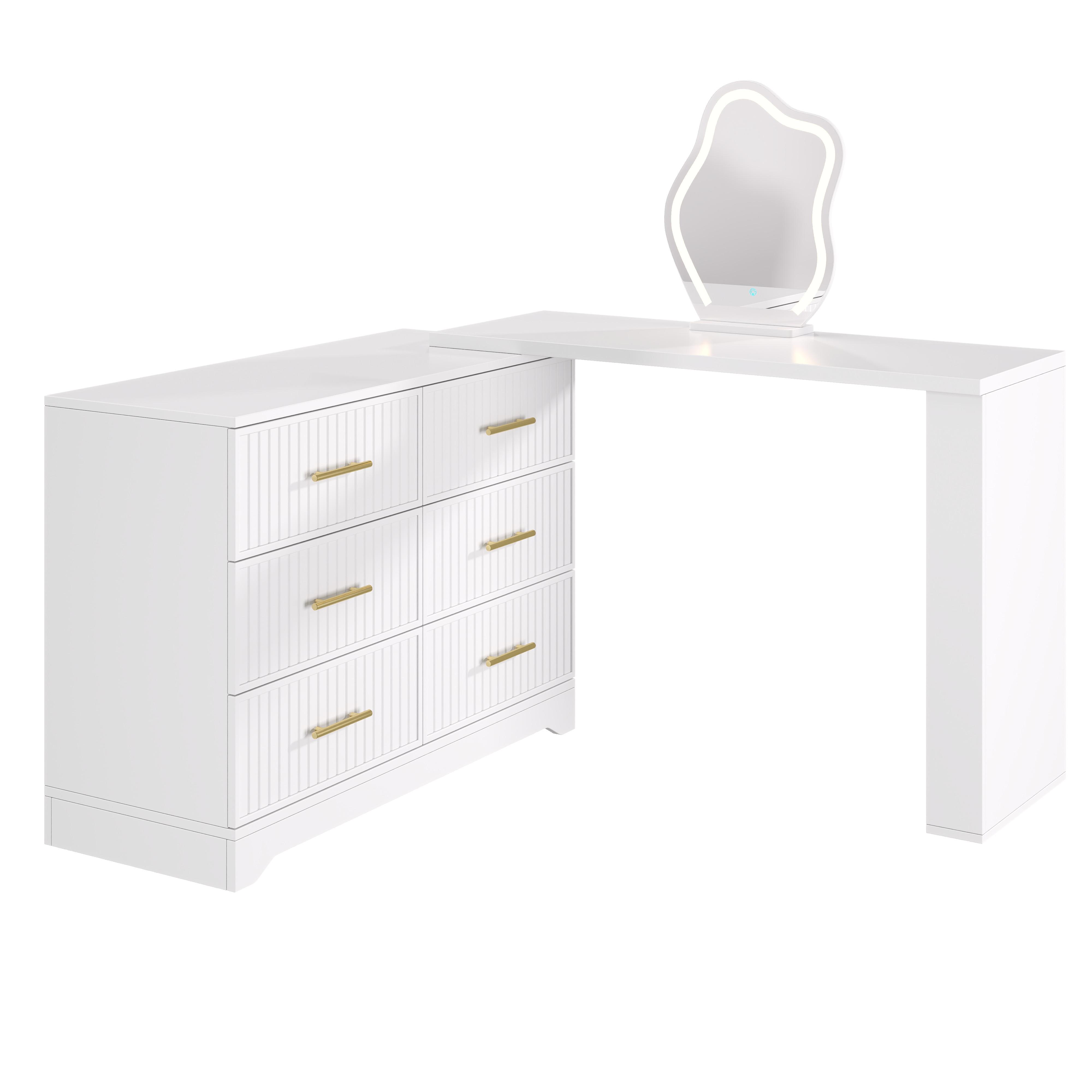 Wohnli Möbelsuche - SCHMINKTISCH Drehbar L-Form Weiß Gold LED-Spiegel 6 Schubladen