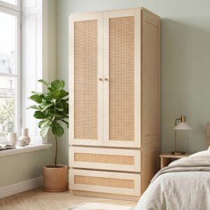 wohnli-moebel-suche-800002017454-1 KLEIDERSCHRANK Holzfarbe Kunstrattan Doppeltüren mit 2 Schubladen Holzwerkstoff Urban Meuble Garderoben Braun