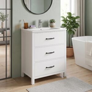 wohnli-moebel-suche-800002017474-1 WASCHTISCH Freistehend Weiß mit Keramikbecken & 3 Schubladen Holzwerkstoff Urban Meuble Möbel > Schränke > Badezimmerschränke > Waschbeckenunterschränke Weiß