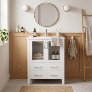 wohnli-moebel-suche-800002017475-1 WASCHTISCHUNTERSCHRANK Hochglanz-Weiß mit Keramikbecken & Riffelglas Holzwerkstoff Urban Meuble Möbel > Schränke > Badezimmerschränke > Waschbeckenunterschränke Weiß