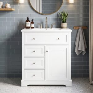 wohnli-moebel-suche-800002017477-1 WASCHTISCH mit Unterschrank Weiß 76cm Standschrank mit Keramikbecken & 4 Schubladen Holzwerkstoff Urban Meuble Möbel > Schränke > Badezimmerschränke > Waschbeckenunterschränke Weiß