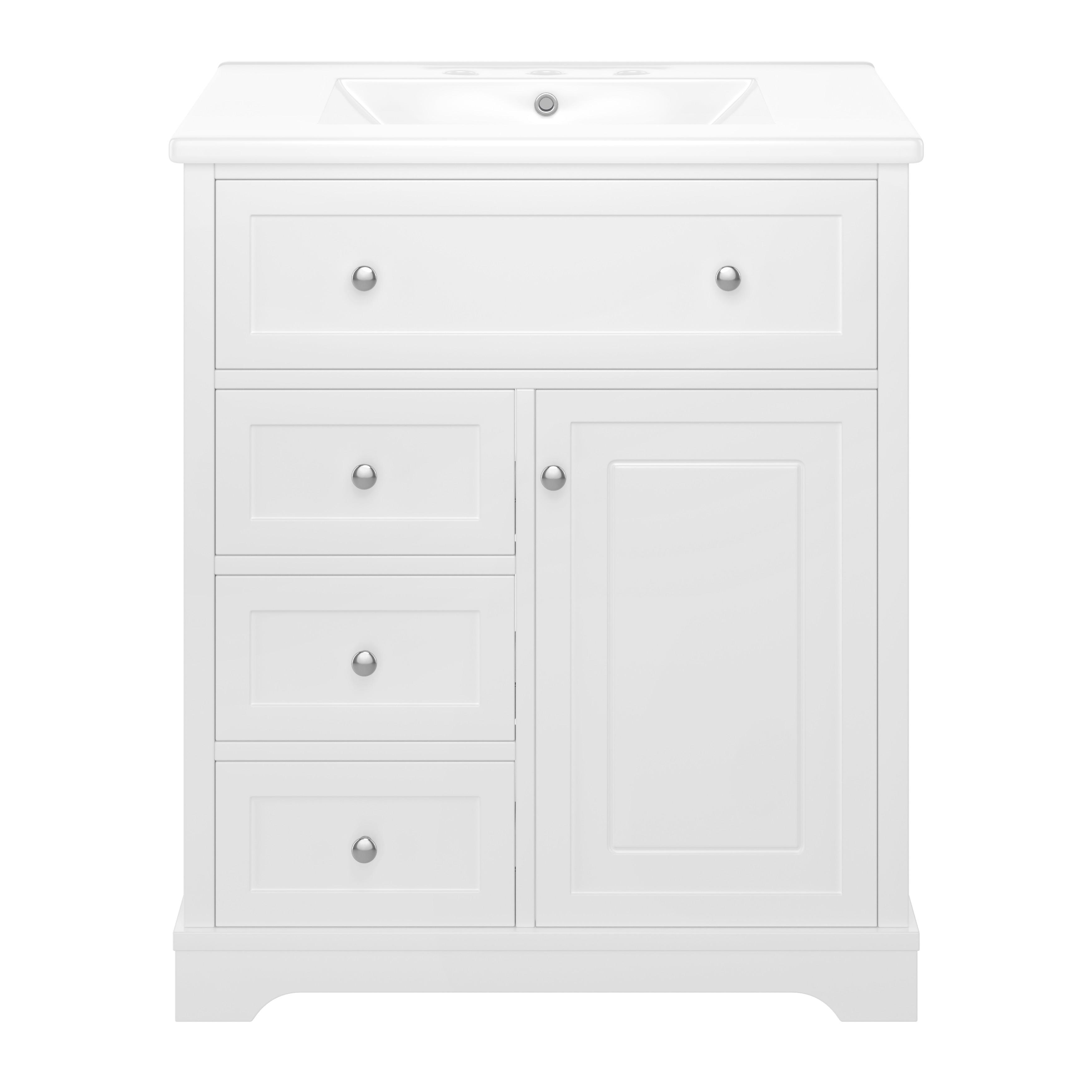 Wohnli Möbelsuche - WASCHTISCH mit Unterschrank Weiß 76cm Standschrank mit Keramikbecken & 4 Schubladen