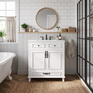 WASCHTISCH Freistehend Weiß mit Keramikbecken & 9 Fächern Holzwerkstoff Urban Meuble Möbel > Schränke > Badezimmerschränke > Waschbeckenunterschränke Weiß
