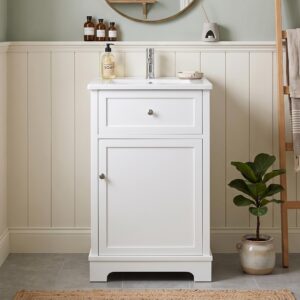 wohnli-moebel-suche-800002017482-1 WASCHTISCH mit Unterschrank Weiß 51cm Standschrank mit Keramikbecken & Klappfach Holzwerkstoff Urban Meuble Möbel > Schränke > Badezimmerschränke > Waschbeckenunterschränke Weiß