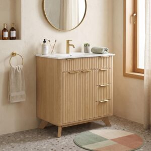 WASCHTISCHUNTERSCHRANK Holzoptik Wellenmuster 3 Schubladen & Doppeltüren Holzwerkstoff Urban Meuble Möbel > Schränke > Badezimmerschränke > Waschbeckenunterschränke Braun