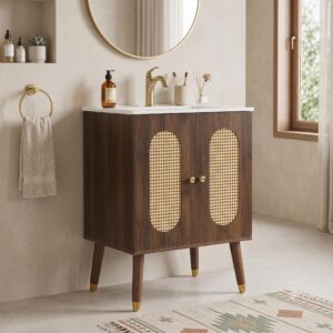 wohnli-moebel-suche-800002017484-1 WASCHTISCHUNTERSCHRANK Walnuss mit Rattan-Türen & Keramikbecken Holzwerkstoff Urban Meuble Möbel > Schränke > Badezimmerschränke > Waschbeckenunterschränke Braun