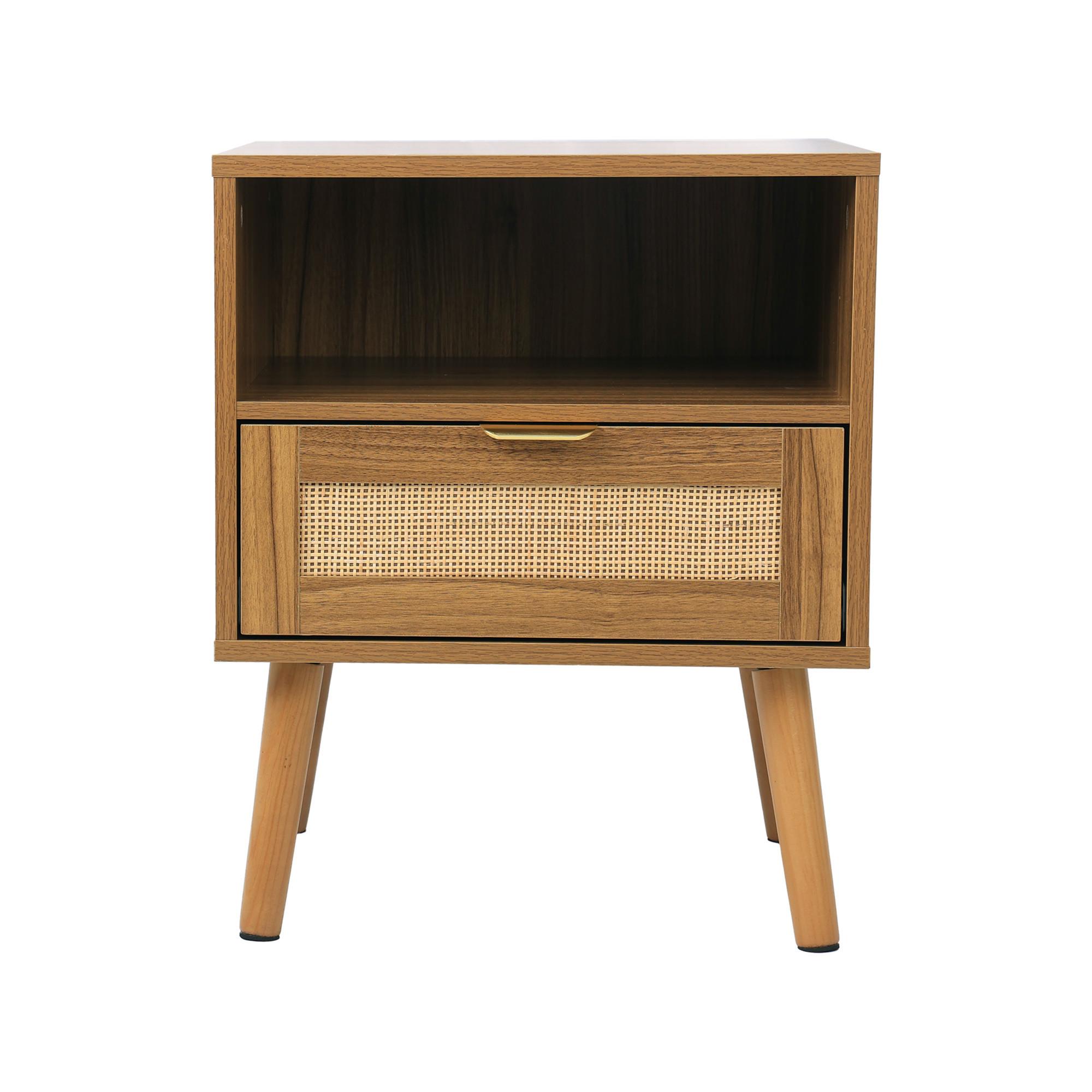 wohnli-moebel-suche-800002017498 Wohnli Möbelsuche - NACHTTISCH Rattan Walnussoptik Boho Mid-Century mit 1 Schublade & Regal