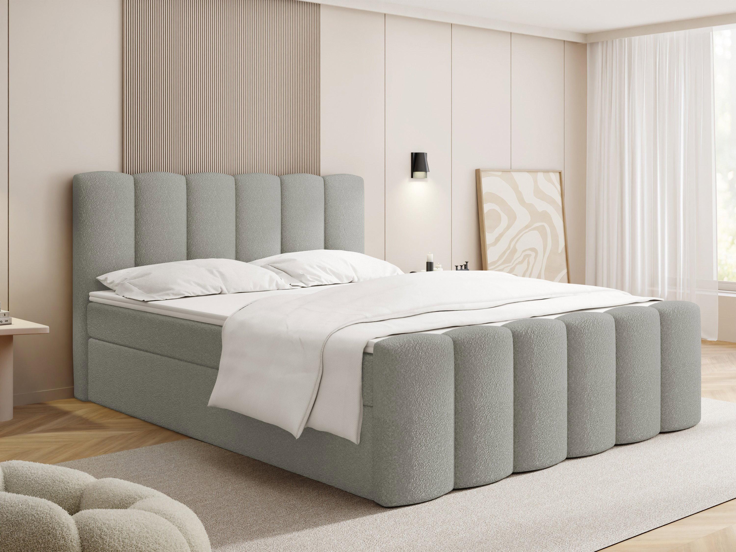 Boucle Grau 160x200 cm – inkl. H4 Taschenfederkern Matratze & Foam Topper