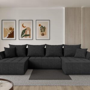 WOHNLANDSCHAFT mit Schlaffunktion und Bettkasten TOKO-U 378x194x86 Schwarz Velours Textil ALTDECOR Möbel > Sofas & Couches > Wohnlandschaften > Wohnlandschaften U-Form Schwarz