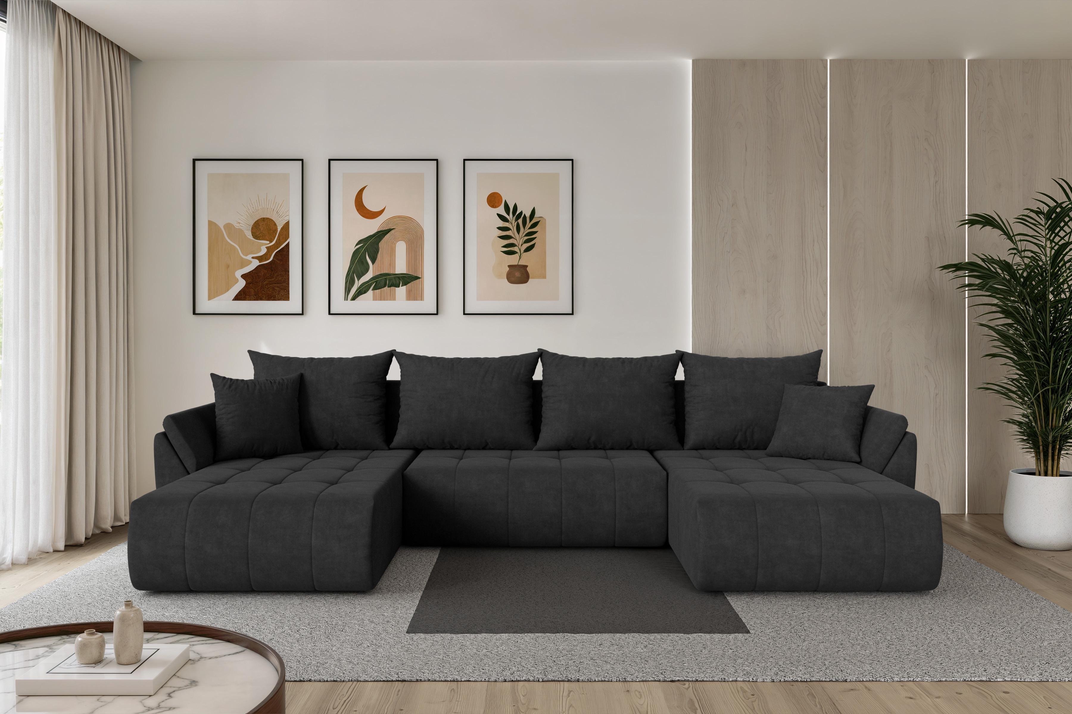 WOHNLANDSCHAFT mit Schlaffunktion und Bettkasten TOKO-U 378x194x86 Schwarz Velours Textil ALTDECOR Möbel > Sofas & Couches > Wohnlandschaften > Wohnlandschaften U-Form Schwarz