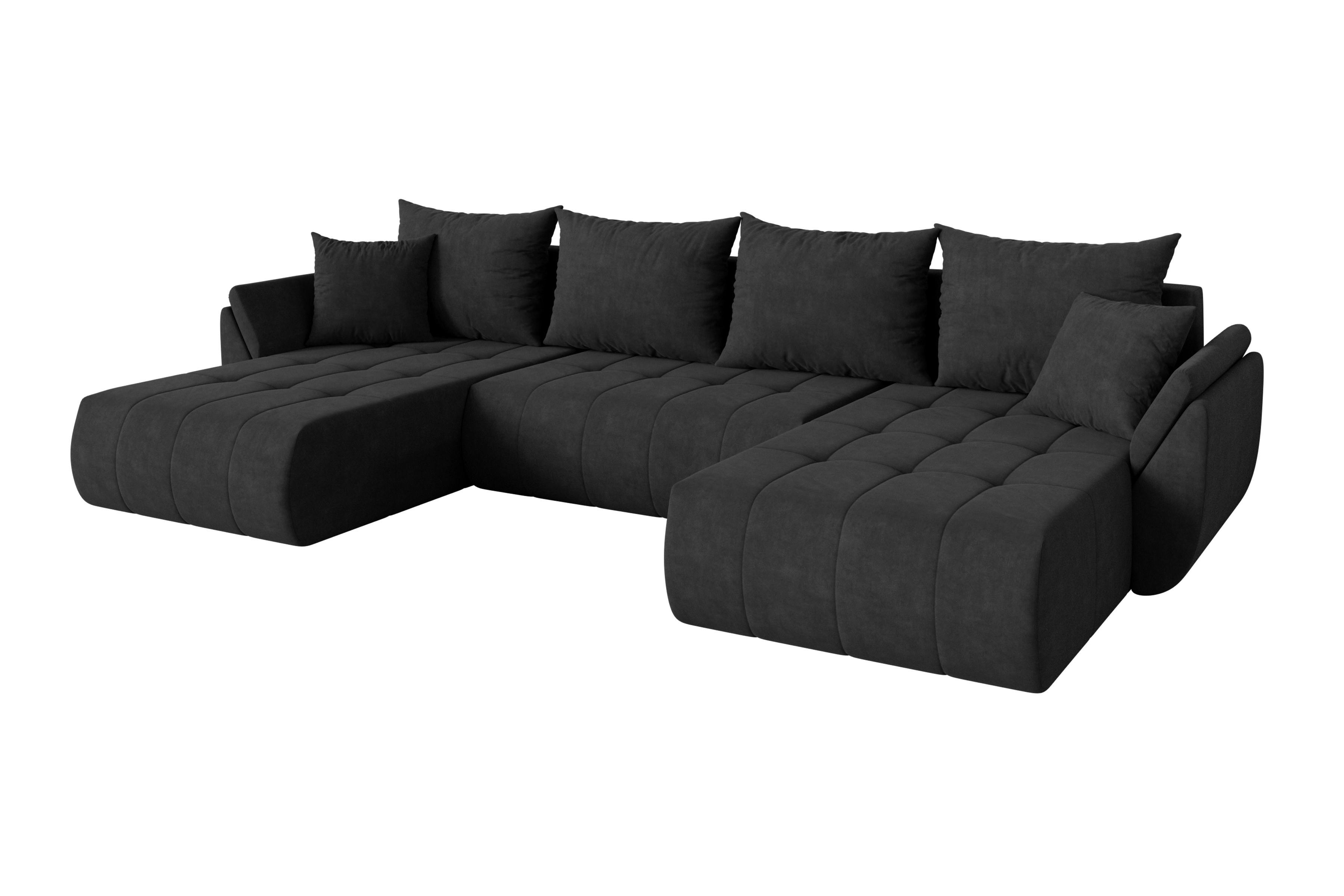 Wohnli Möbelsuche - WOHNLANDSCHAFT mit Schlaffunktion und Bettkasten TOKO-U 378x194x86 Schwarz Velours