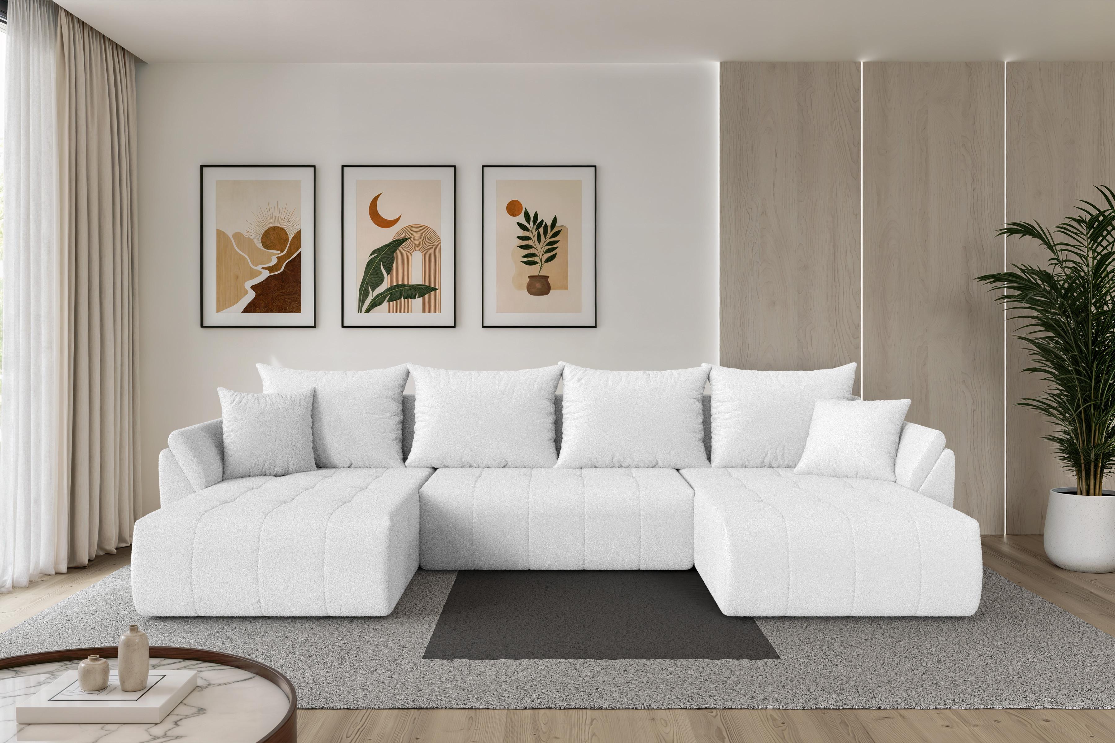 WOHNLANDSCHAFT mit Schlaffunktion und Bettkasten TOKO-U 378x194x86 Weiß Bouclé Textil ALTDECOR Möbel > Sofas & Couches > Wohnlandschaften > Wohnlandschaften U-Form Weiß