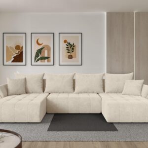 WOHNLANDSCHAFT mit Schlaffunktion und Bettkasten TOKO-U 378x194x86 Creme Velours Textil ALTDECOR Möbel > Sofas & Couches > Wohnlandschaften > Wohnlandschaften U-Form Weiß