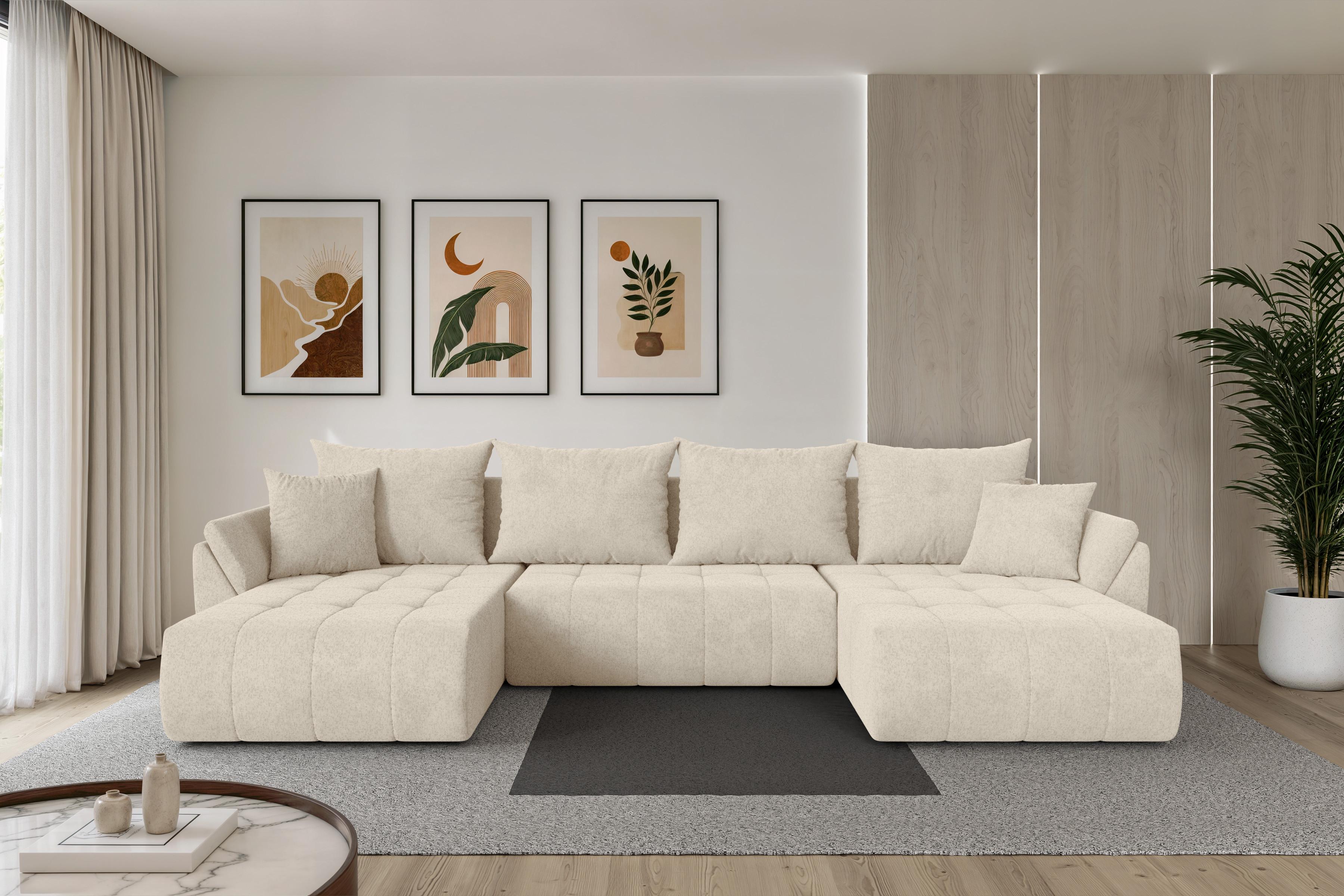 WOHNLANDSCHAFT mit Schlaffunktion und Bettkasten TOKO-U 378x194x86 Creme Velours Textil ALTDECOR Möbel > Sofas & Couches > Wohnlandschaften > Wohnlandschaften U-Form Weiß