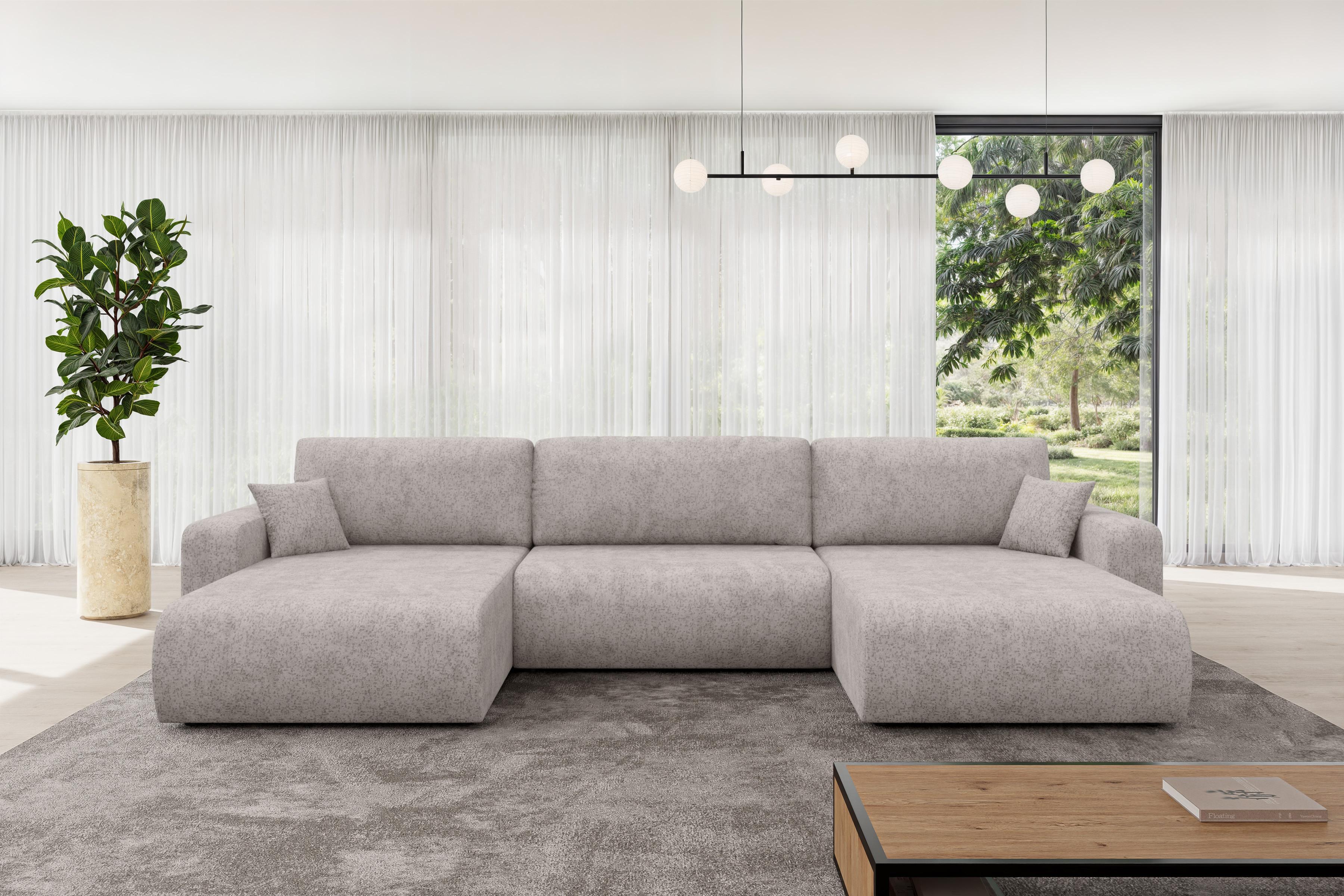 WOHNLANDSCHAFT mit Schlaffunktion und Bettkasten BERY-U 377x193x88 Hellgrau Velours Textil ALTDECOR Möbel > Sofas & Couches > Wohnlandschaften > Wohnlandschaften U-Form Grau