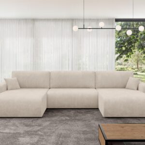 wohnli-moebel-suche-800002085783-1 WOHNLANDSCHAFT mit Schlaffunktion und Bettkasten BERY-U 377x193x88 Beige Cord Textil ALTDECOR Möbel > Sofas & Couches > Wohnlandschaften > Wohnlandschaften U-Form Beige