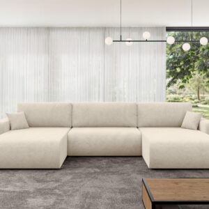 wohnli-moebel-suche-800002085870-1 WOHNLANDSCHAFT mit Schlaffunktion und Bettkasten BERY-U 377x193x88 Creme Velours Textil ALTDECOR Möbel > Sofas & Couches > Wohnlandschaften > Wohnlandschaften U-Form Weiß