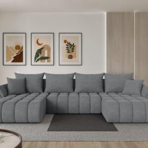 WOHNLANDSCHAFT mit Schlaffunktion und Bettkasten TOKO-U-v1 378x194x86 Grau Velours Textil ALTDECOR Möbel > Sofas & Couches > Wohnlandschaften > Wohnlandschaften U-Form Taupe