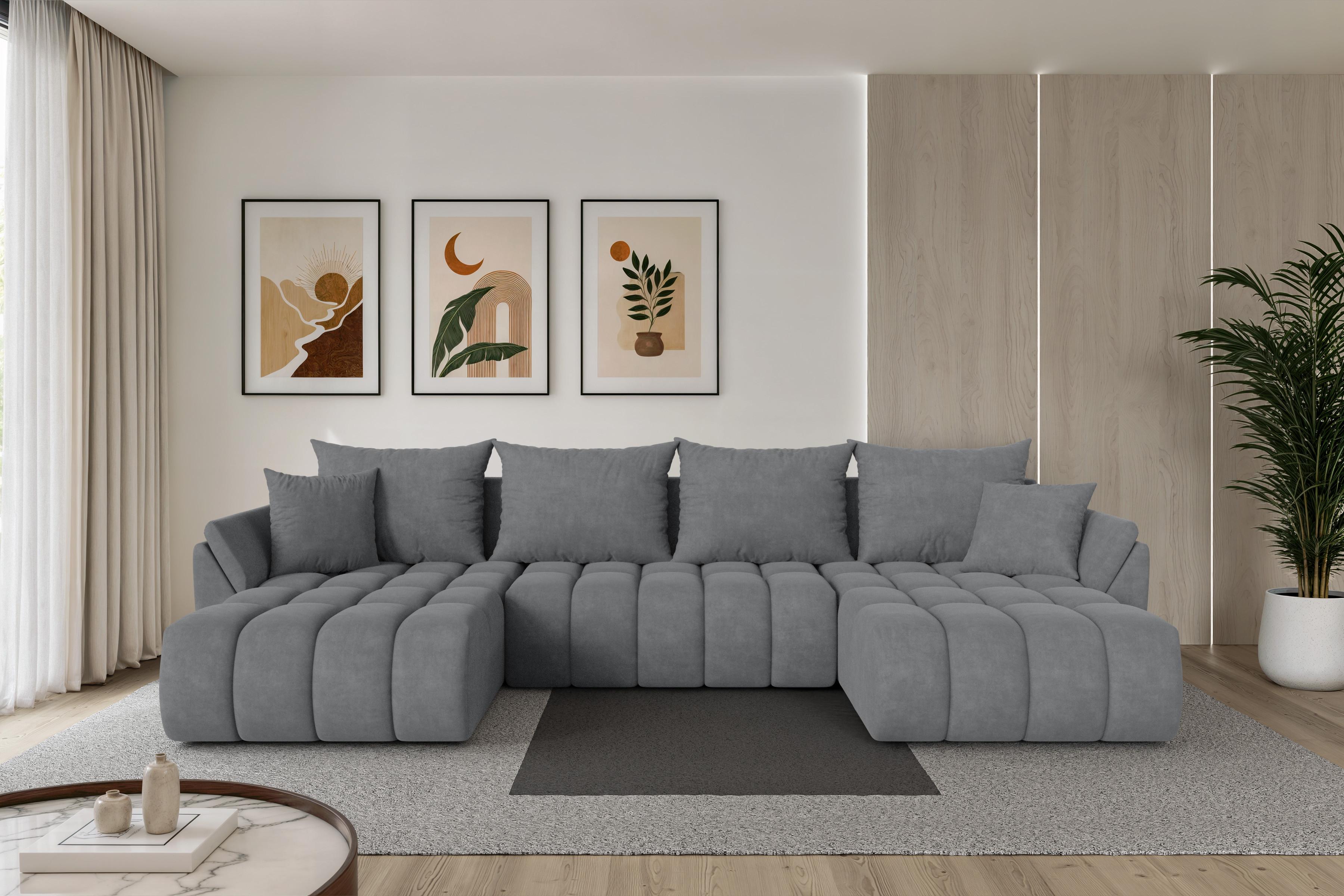 WOHNLANDSCHAFT mit Schlaffunktion und Bettkasten TOKO-U-v1 378x194x86 Grau Velours Textil ALTDECOR Möbel > Sofas & Couches > Wohnlandschaften > Wohnlandschaften U-Form Taupe