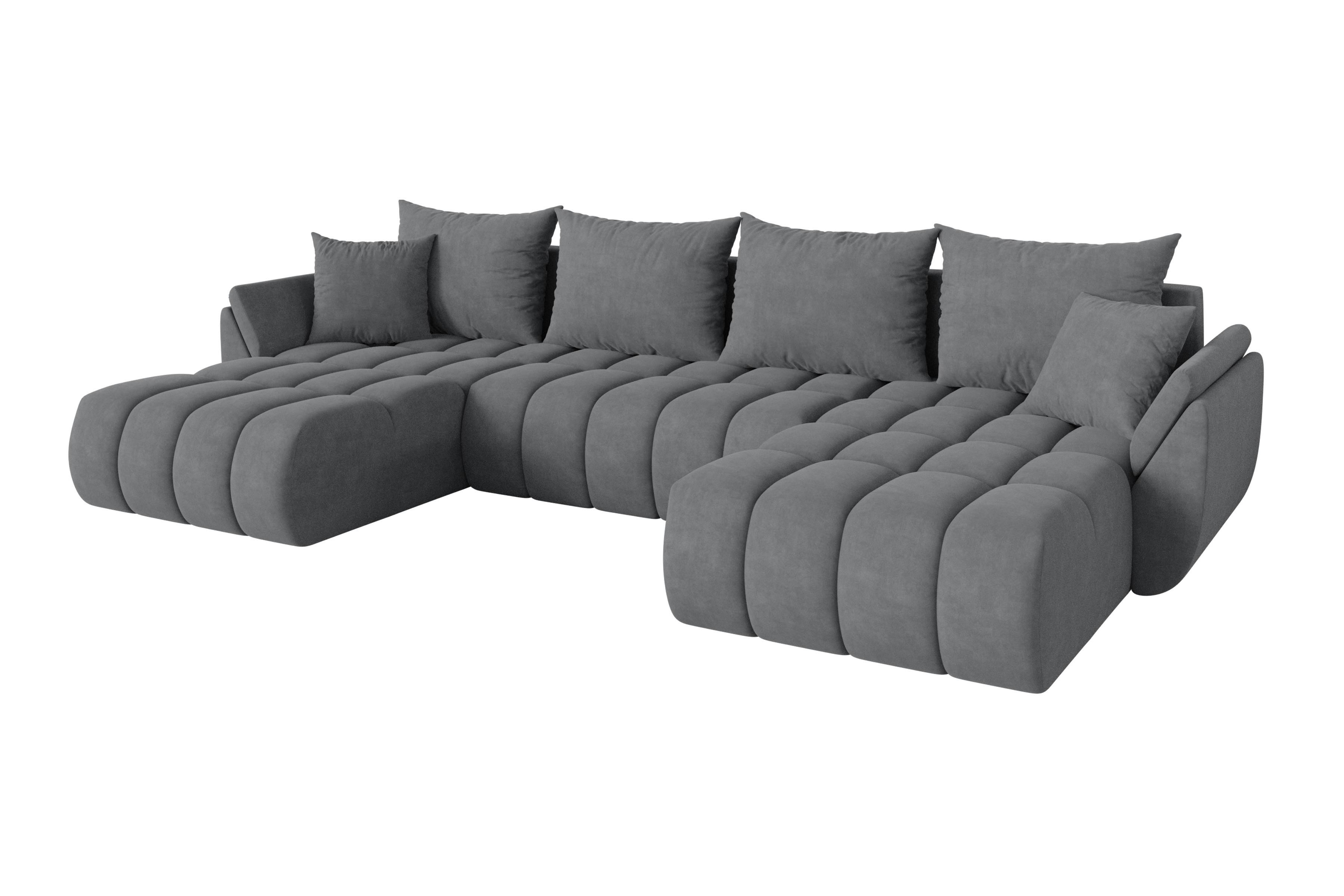 Wohnli Möbelsuche - WOHNLANDSCHAFT mit Schlaffunktion und Bettkasten TOKO-U-v1 378x194x86 Grau Velours