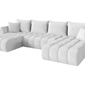 Wohnli Möbelsuche - WOHNLANDSCHAFT mit Schlaffunktion und Bettkasten TOKO-U-v1 378x194x86 Weiß Bouclé