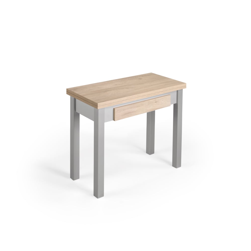 wohnli-moebel-suche-Ausziehbarer-Tisch-Klappsystem-aus-Melamin-in-Eiche‑Grau-L4080-cm Wohnli Möbelsuche - Ausziehbarer Tisch Klappsystem aus Melamin in Eiche‑Grau L40/80 cm