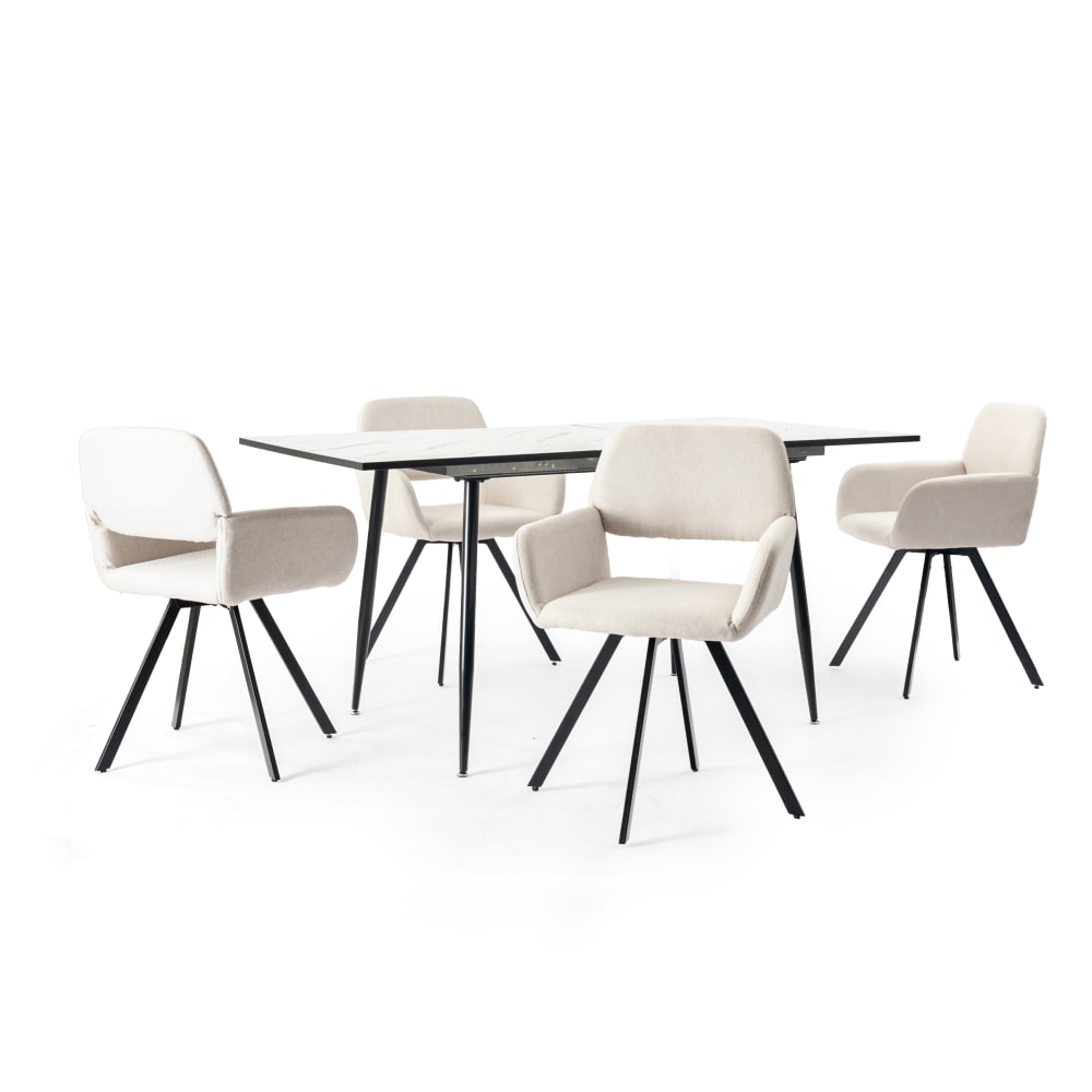 Wohnli Möbelsuche - Ausziehbarer Tisch mit weißem Marmoreffekt (120–160 cm) und 4 Stühlen