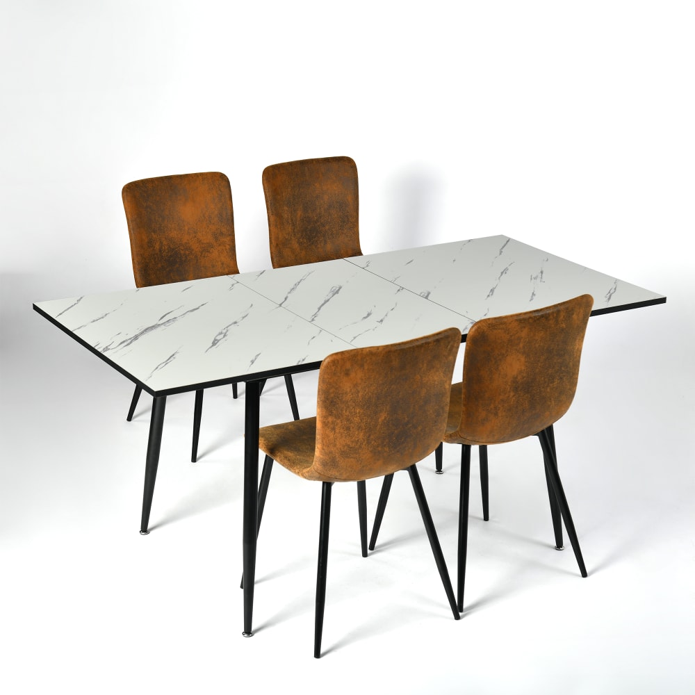 Wohnli Möbelsuche - Ausziehbarer Tisch mit weißem Marmoreffekt (120–160 cm) und 4 Stühlen