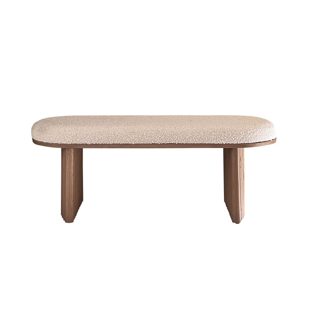 wohnli-moebel-suche-Bank-aus-massivem-Mindi-in-Walnuss-Finish-und-Boucle-Stoff-120-cm Wohnli Möbelsuche - Bank aus massivem Mindi in Walnuss-Finish und Bouclé-Stoff 120 cm