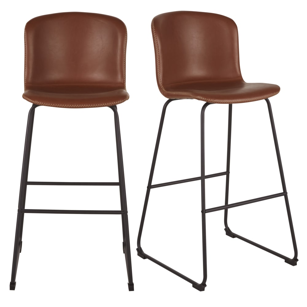 wohnli-moebel-suche-Barstuehle-mit-braunem-beschichtetem-Stoffbezug-in-Lederoptik-und-schwarzem-Metall-2-Stueck-H75cm Wohnli Möbelsuche - Barstühle mit braunem