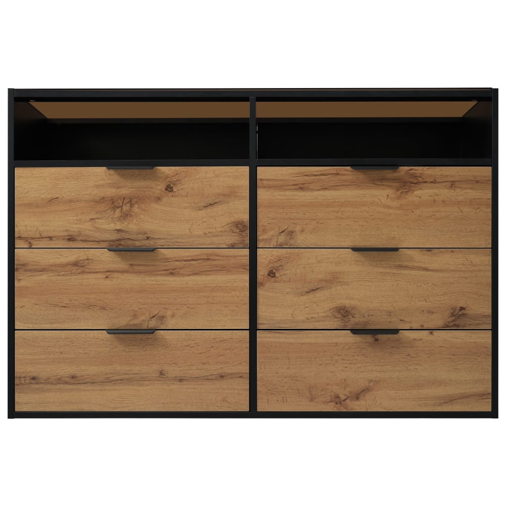 wohnli-moebel-suche-Bernsteinfarbenes-Sideboard-in-Holzoptik-mit-6-Schubladen-Braun Wohnli Möbelsuche - Bernsteinfarbenes Sideboard in Holzoptik mit 6 Schubladen