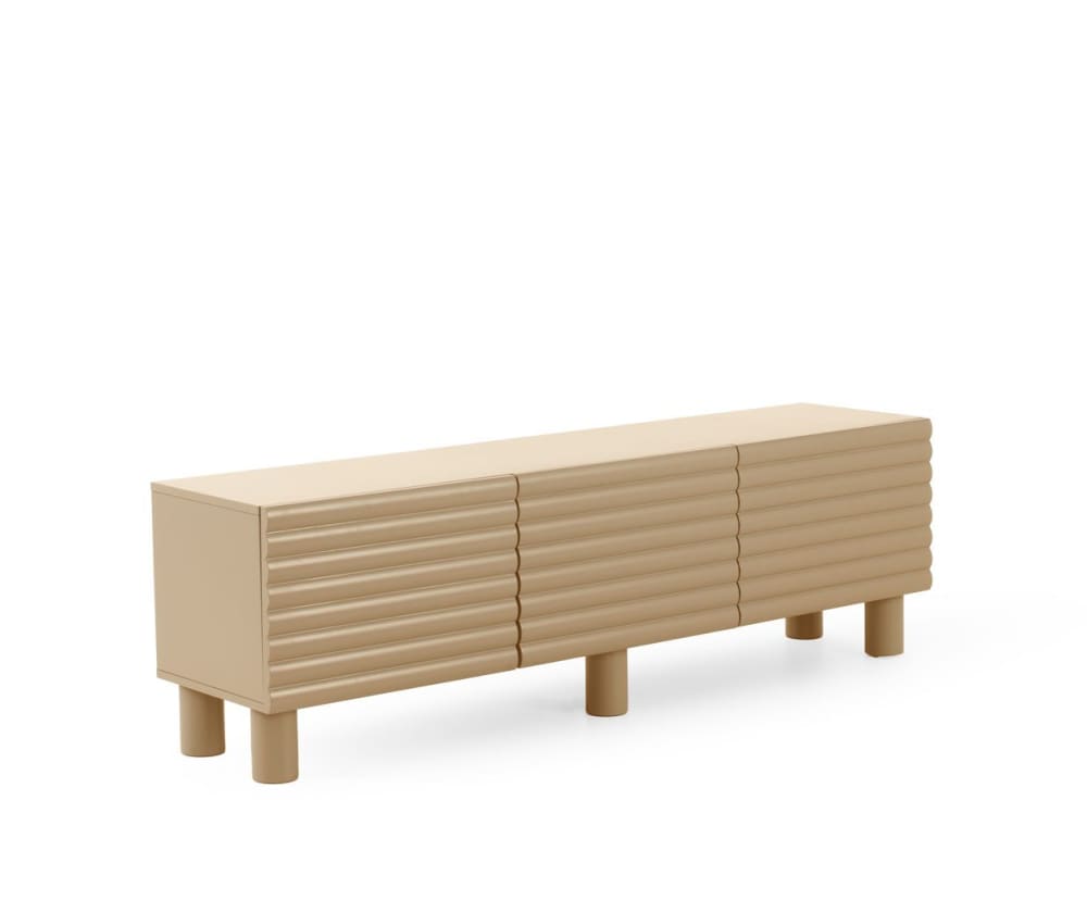 Wohnli Möbelsuche - Blauer TV-Schrank mit gewellter Reliefstruktur an den Türen