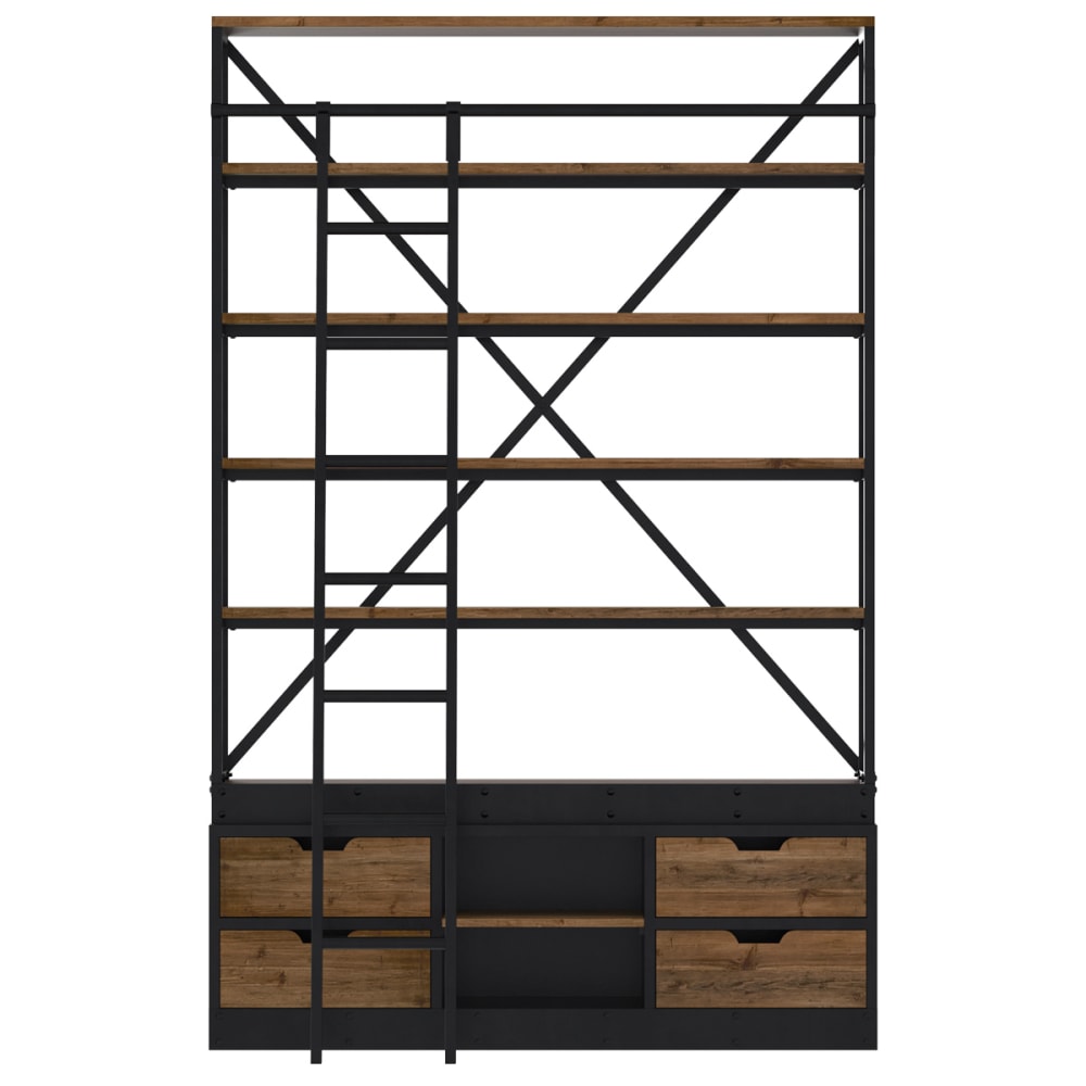wohnli-moebel-suche-Buecherregal-aus-Holz-und-Metall-mit-Leiter-und-4-Schubladen-160cm Wohnli Möbelsuche - Bücherregal aus Holz und Metall mit Leiter und 4 Schubladen