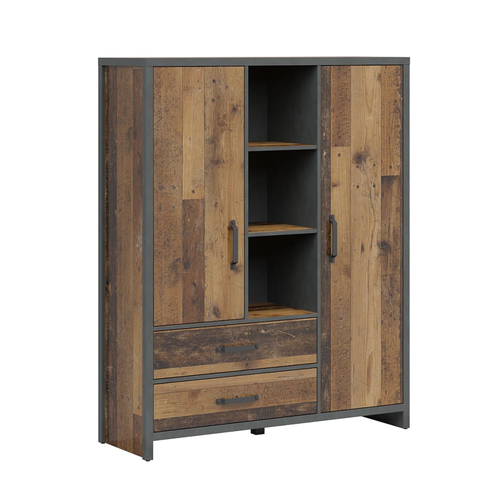 wohnli-moebel-suche-Buecherregal-mit-2-Schubladen-und-2-Tueren-Holzoptik-und-Grau-150cm Wohnli Möbelsuche - Bücherregal mit 2 Schubladen und 2 Türen