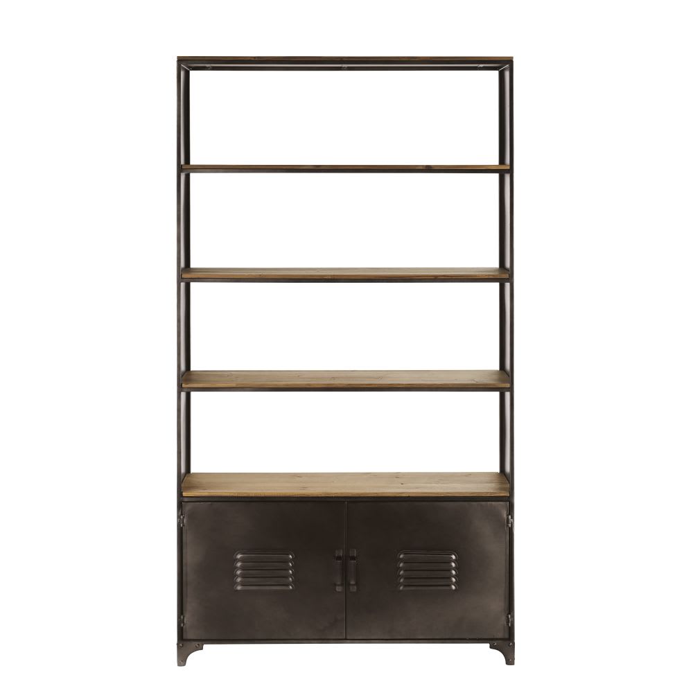 Wohnli Möbelsuche - Bücherregal mit 2 Türen aus Metall und massivem Tannenholz